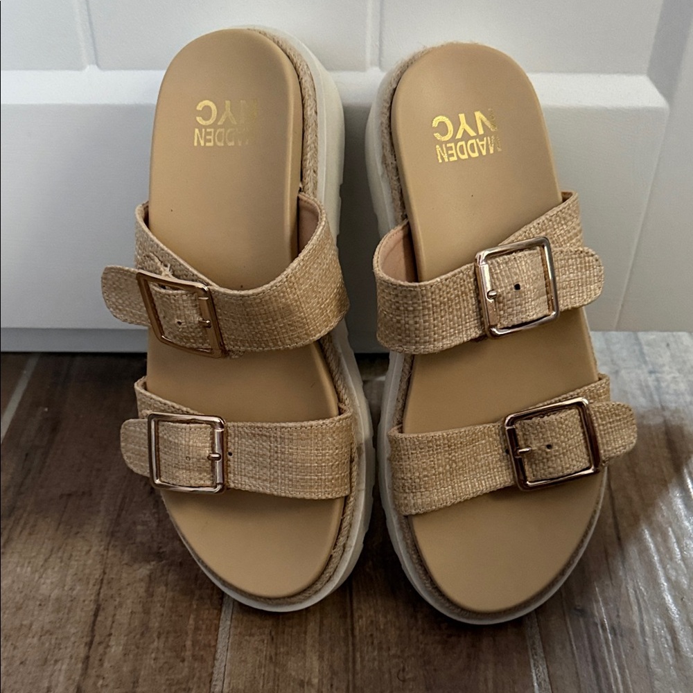 Madden NYC FlatForm white and  Beige Double Buckle Slide Sandals